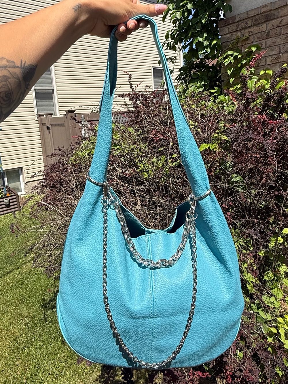 Sky Blue Pebbled Leather Slouchy Crescent Hobo Shoulder Bag w/ Silver Chains Y2K